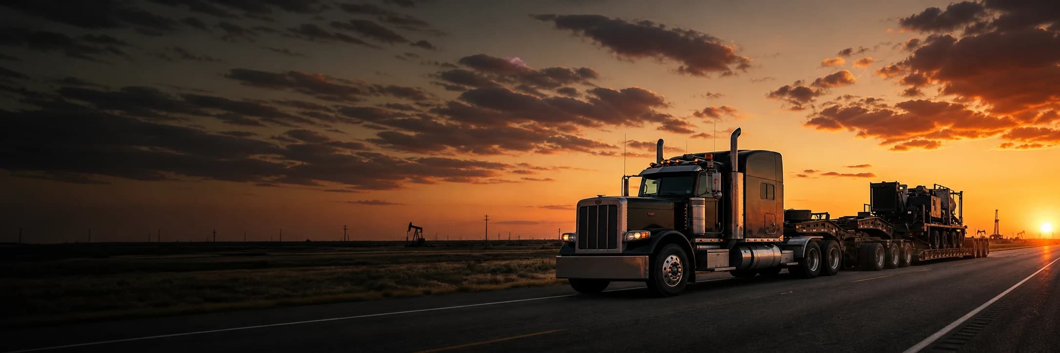 Truck hauling a lowboy trailer at sunset