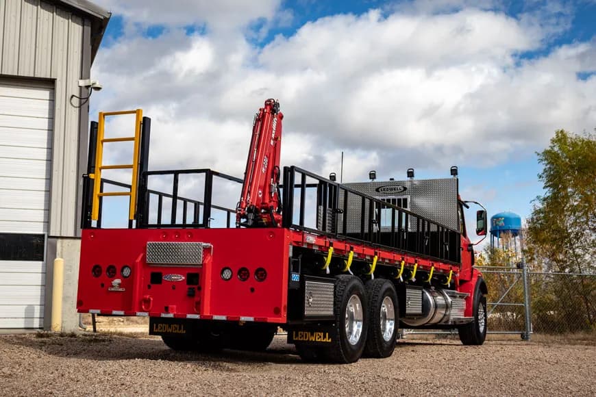 Red Ledwell chemical tote bed with a knuckle-boom crane