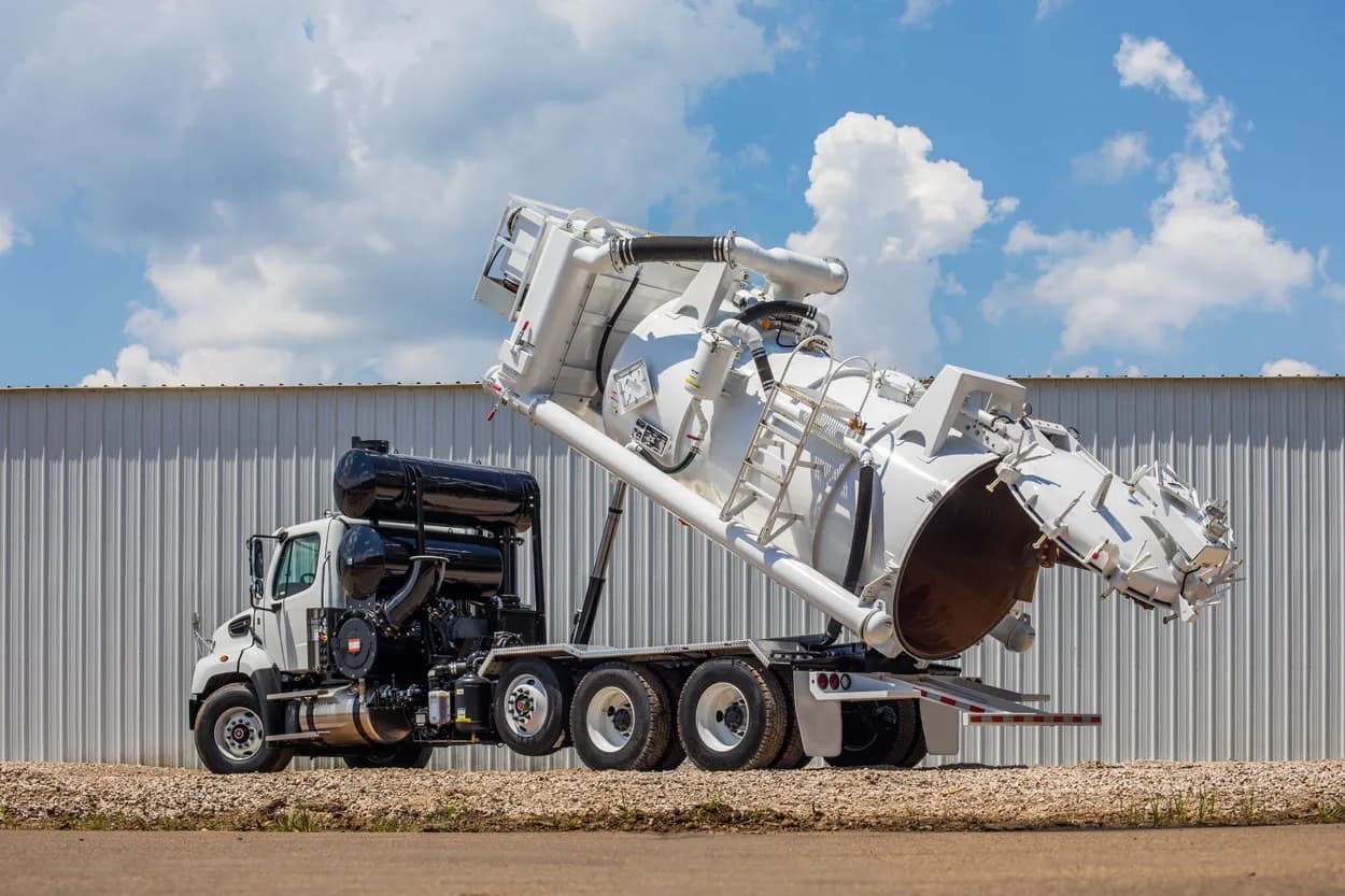 Ledwell Revolution vacuum truck with the tank raised for dumping