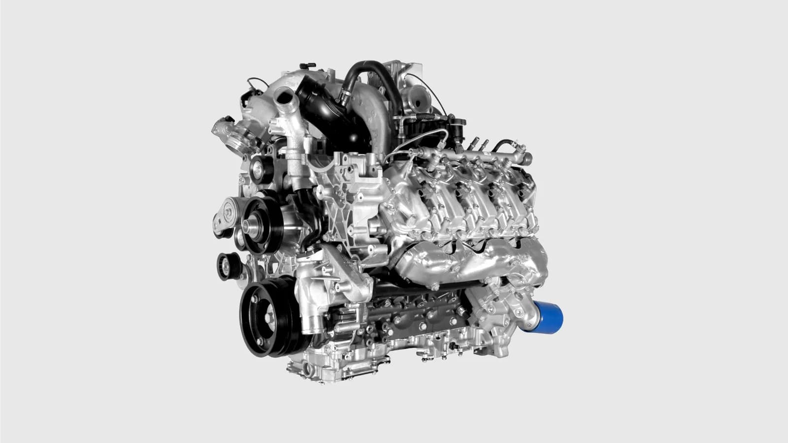 International CV Series 6.6L V8 turbo diesel engine on a grey studio background