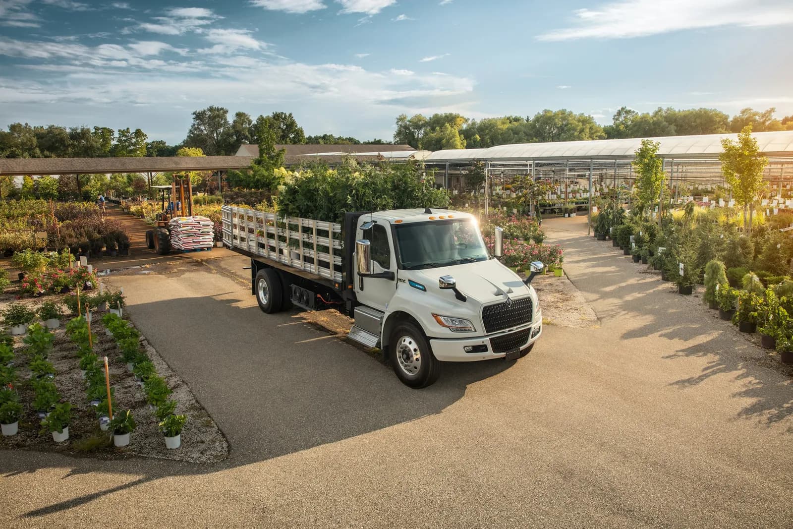International eMV Series stake body truck loaded with plants