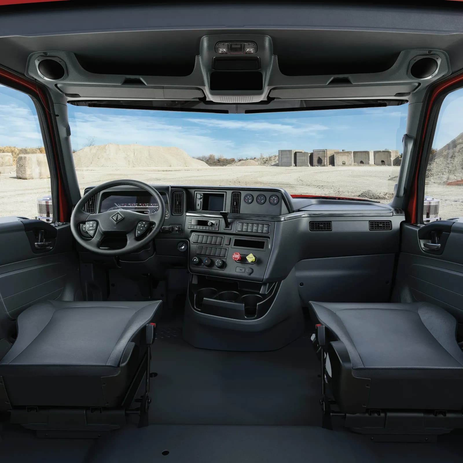International HX Series interior with dashboard, gauge cluster, and stalk shifter