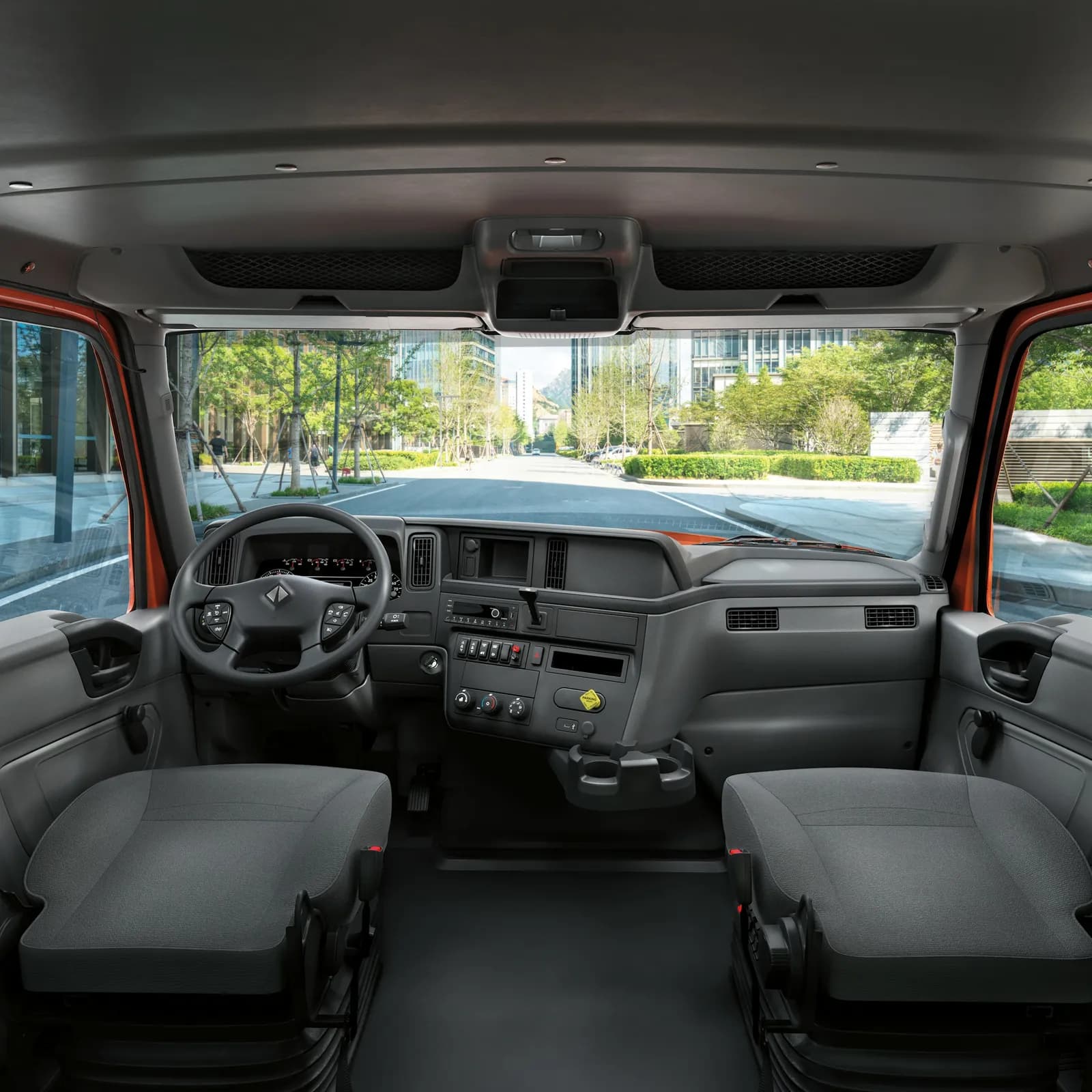 International MV Series interior with flat instrument panel and steering wheel