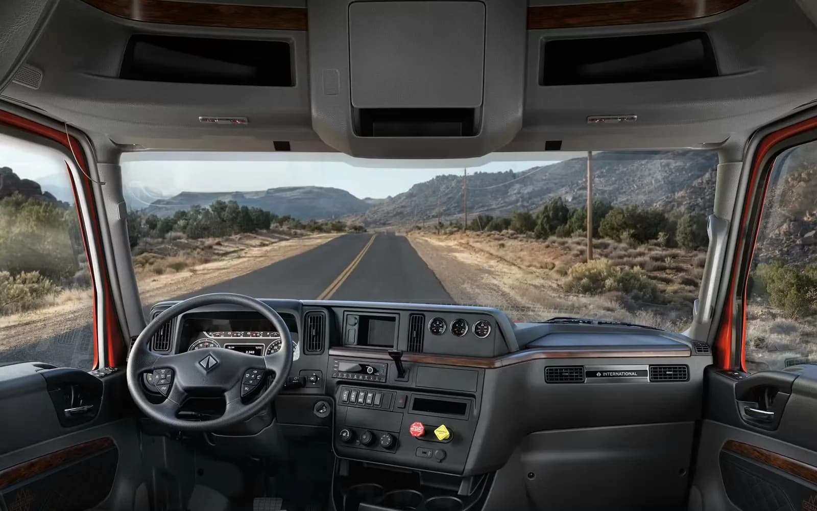 International RH Series interior with angled console and gauge cluster