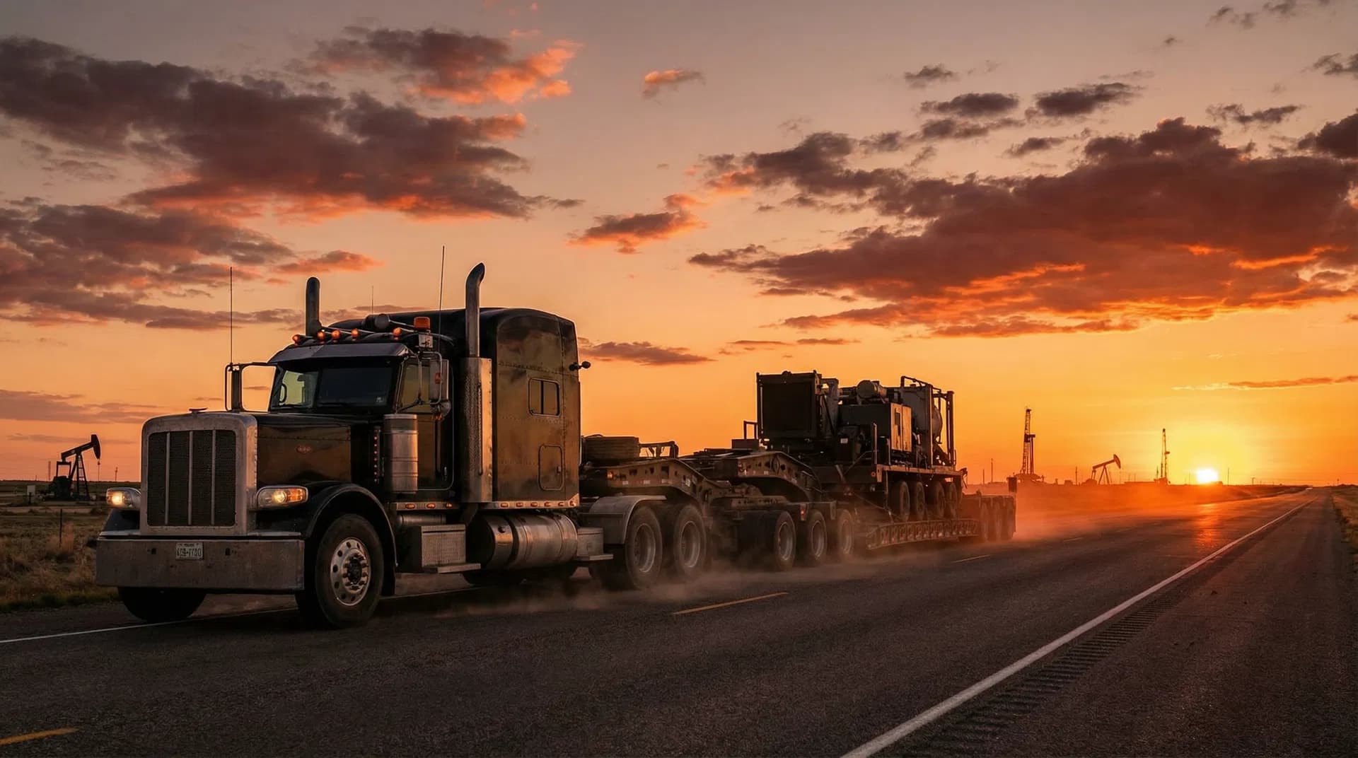 Heavy-haul rig pulling a Choice lowboy trailer through Texas oilfields at sunset