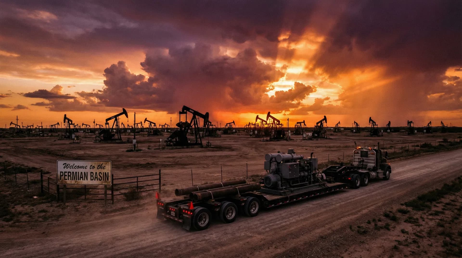 Choice trailer hauling equipment across a Texas oilfield