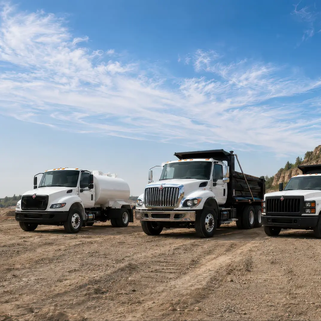 Three white International work trucks — a water truck and two dump trucks — parked on a dirt jobsite under a blue sky.