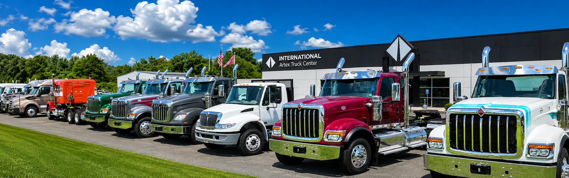 New International trucks lined up in front of the Artex Truck Center dealership
