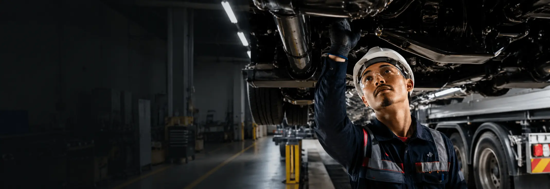 Technician inspecting the underside of a lifted truck in the Artex service bays