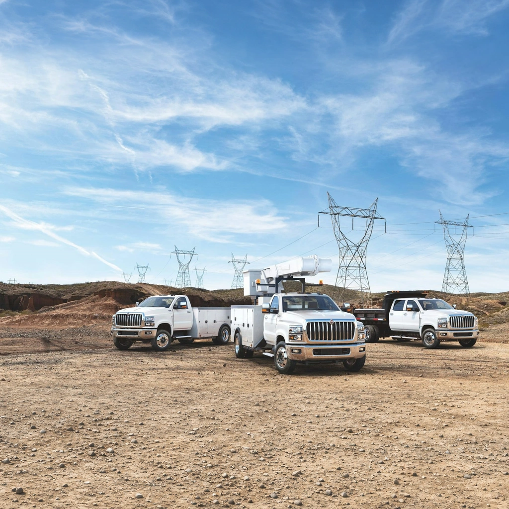 Three white International CV Series work trucks in service-body, bucket, and dump configurations at a utility construction site