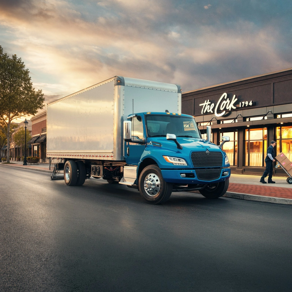 Blue International eMV Series electric box truck making a delivery at a commercial storefront at sunset