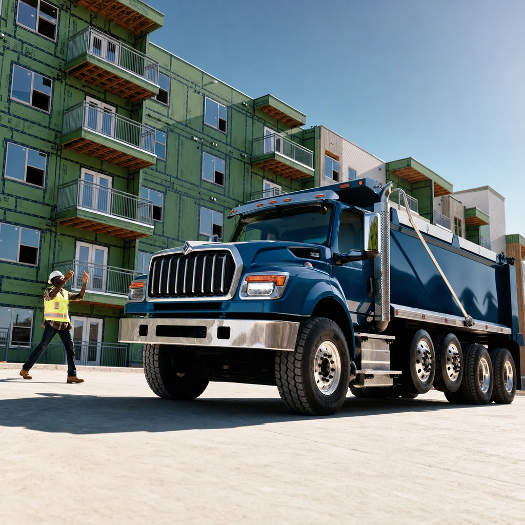 Blue International HV Series multi-axle dump truck working at a construction site