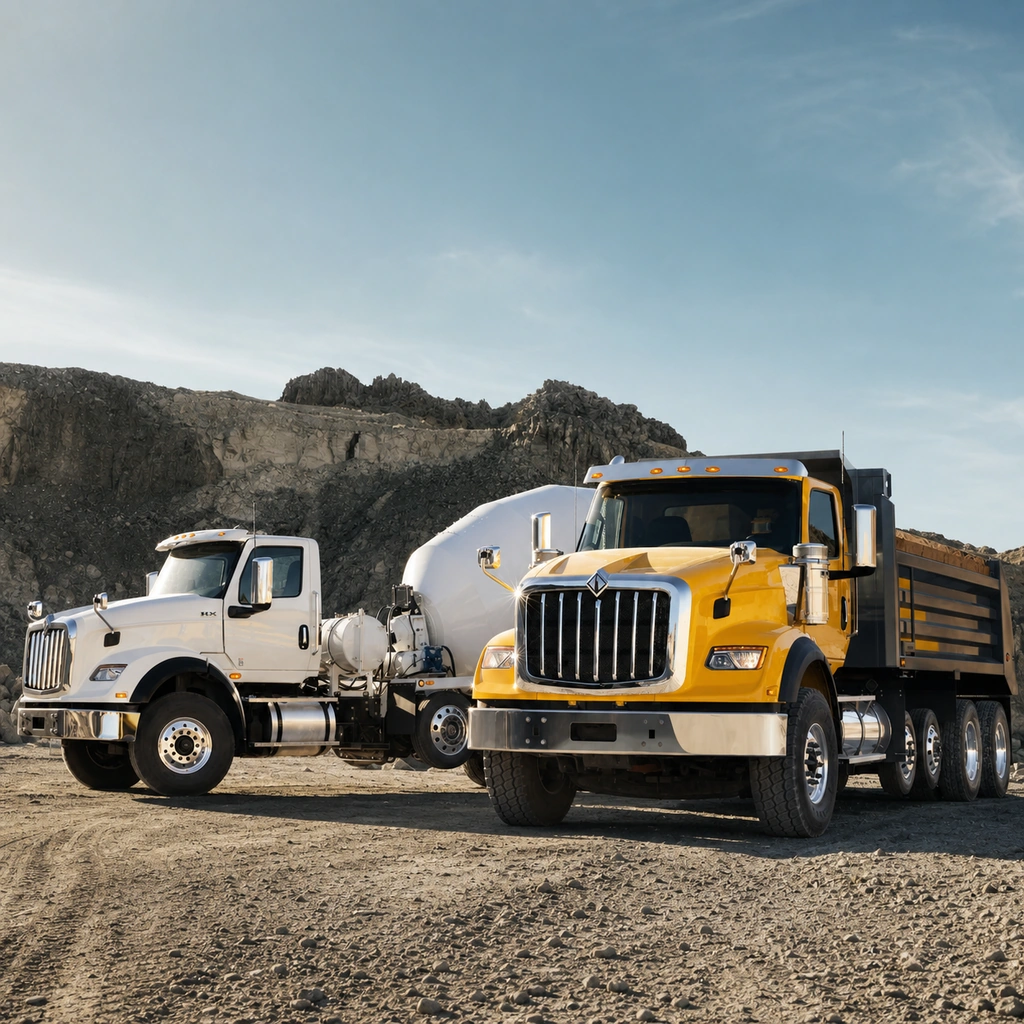 Yellow International HX dump truck and white HX concrete mixer at a quarry