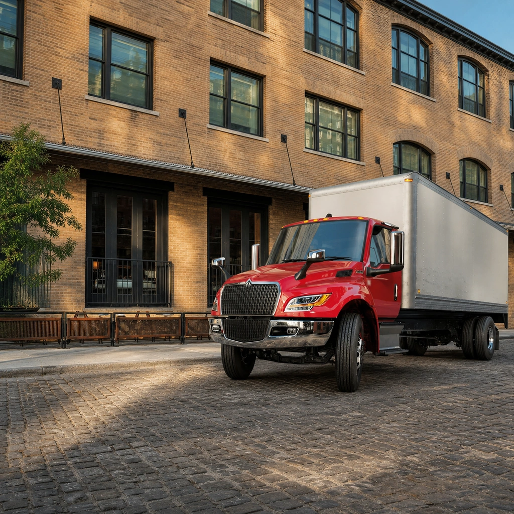Red International MV Series box truck parked on a cobblestone street beside a brick commercial building