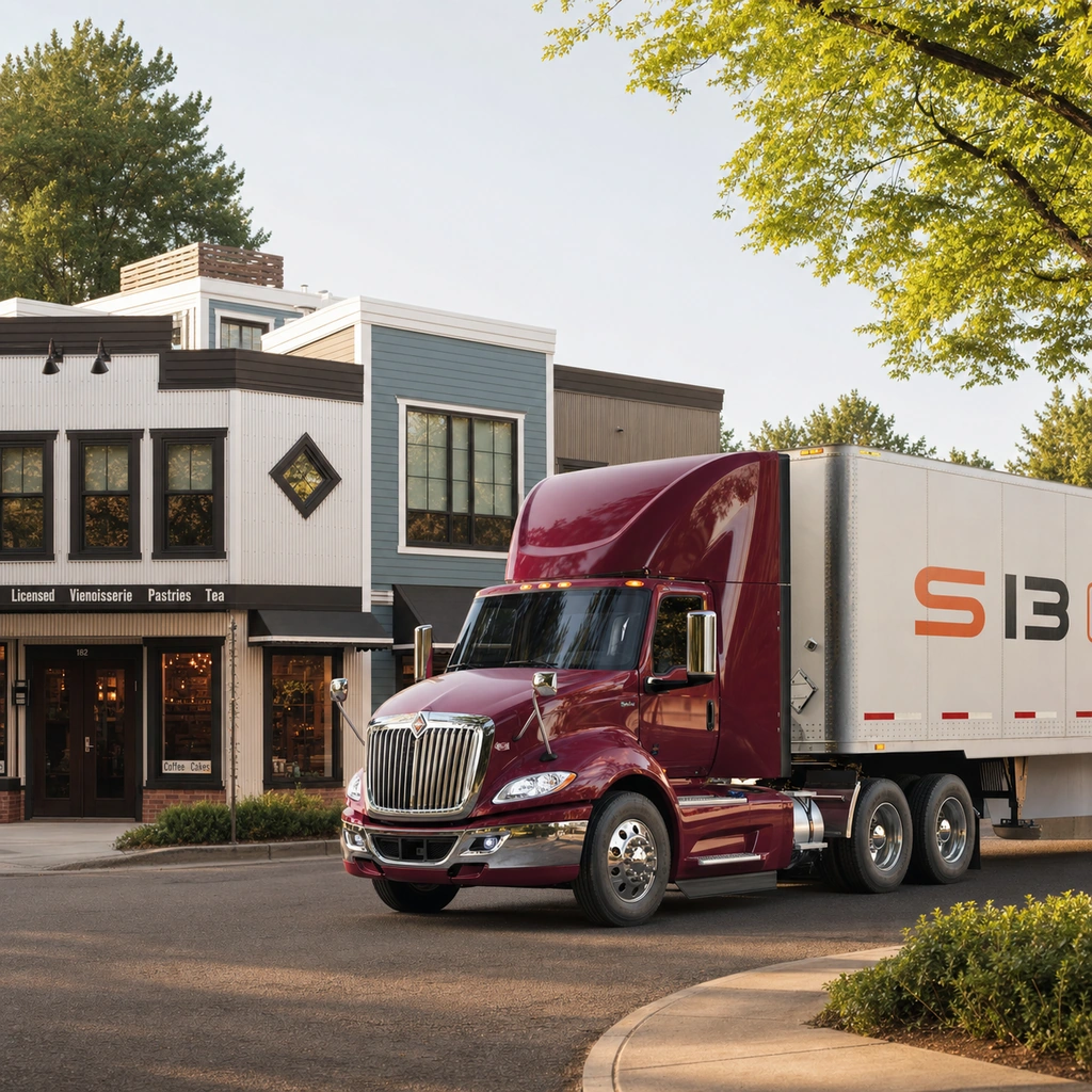 Maroon International RH Series regional-haul tractor and dry-van trailer on a commercial street