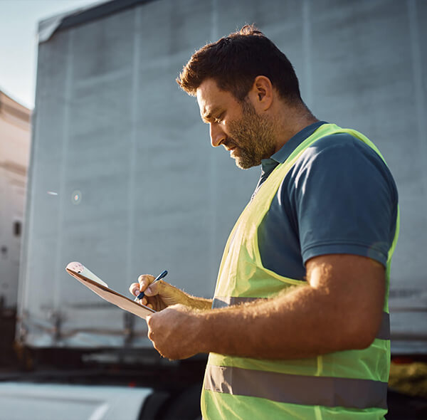 Driver review paperwork outside of truck